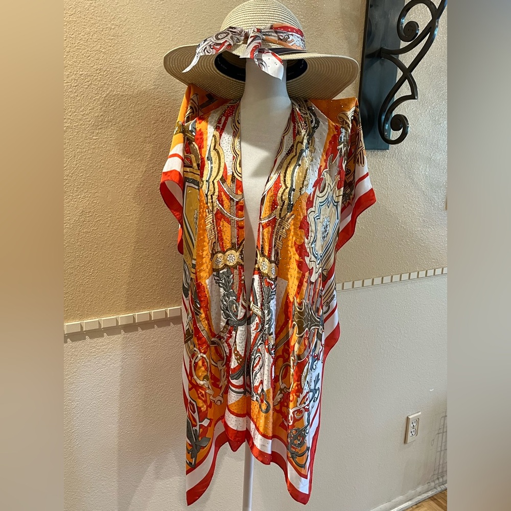 Adrienne Vittadini Beach Set: satin kimono/ cover-up, straw sunhat. Orange. NWT
